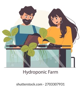 Vektorgrafik von zwei Personen, die in der Hydrokultur tätig sind. Sie konzentrieren sich auf die Kontrolle von Anlagen in kontrollierter Umgebung und zeigen innovative landwirtschaftliche Methoden.