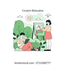 Ilustración vectorial de dos personas dedicadas a actividades creativas al aire libre. Uno está pintando en un lienzo mientras que el otro dibuja en un cuaderno, rodeado de naturaleza y sol.