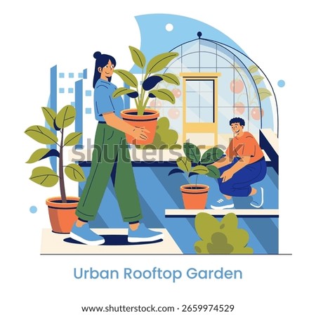 Vector illustration of two people engaged in urban rooftop gardening. One carries a potted plant while the other tends to a plant, symbolizing teamwork and environmental care.