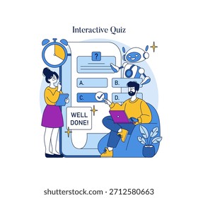 Ilustración vectorial de dos personas que participan en un cuestionario interactivo. Un robot ayuda como compañero digital. Una persona selecciona una respuesta en una pantalla digital, mientras que la otra observa.