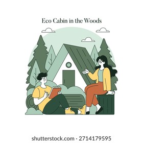 Vector illustration of two people engaging in conversation near an eco-friendly cabin in the woods. Surrounded by nature, they appear relaxed and content while interacting outdoors.