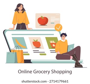 Ilustração vetorial de duas pessoas envolvidas em compras de supermercado online. Uma está sentada com um laptop, outra de pé ao lado de uma grande tela digital de produtos e sacolas de compras.