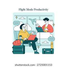 Vector illustration of two people engaging in work with laptops while seated, having a conversation during a flight. They are surrounded by clouds and luggage, fostering productivity on the go.