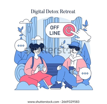 Vector illustration of two people enjoying a digital detox retreat in nature. They put devices down and relax while engaging with each other, symbolized by an offline button.