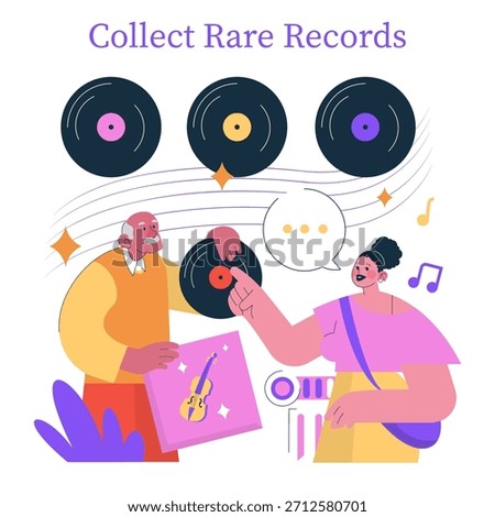 Vector illustration of two people excitedly collecting rare vinyl records. They are smiling and holding records, emphasizing their shared passion for music and rare finds.