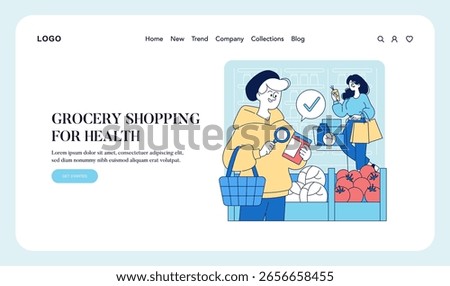 Vector illustration of two people in a grocery store, choosing healthy products. One reads a label with a magnifying glass, while the other selects vegetables with satisfaction.