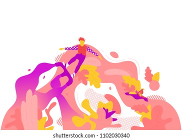 Vector illustration of two people having fun while flyboarding in summer. Extreme sport concept.