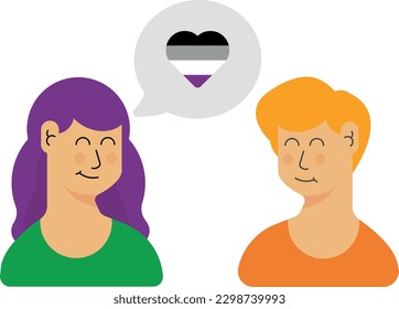 Vector illustration of two people having a conversation about asexuality and sexuality. Tolerance and understanding. Pride and freedom. Community support.