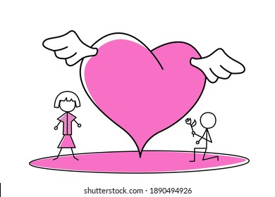 Vector illustration of two people with a heart with wings Happy valentine day