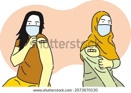Vector Illustration Of Two People with Hijab Showing Vaccine Injected Arm Using Mask In Flat Cartoon. Health And Protection From Corona Virus.