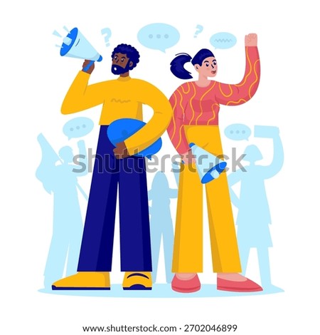 Vector illustration of two people holding megaphones and expressing freedom opinions, public speaking, and peaceful activism.