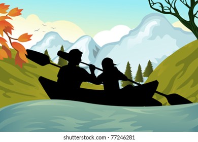 A vector illustration of two people kayaking on the river