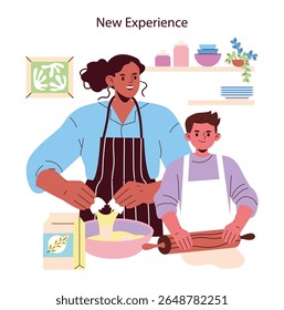 Ilustração vetorial de duas pessoas na cozinha aprendendo a assar juntas. Uma pessoa quebra um ovo em uma tigela enquanto a outra usa um rolo, ambos desfrutando da experiência.