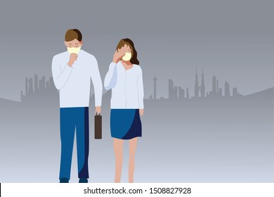 vector illustration two people man and woman wearing face mask during haze, hazardous air pollution city effect to Malaysia, Indonesia and Singapore