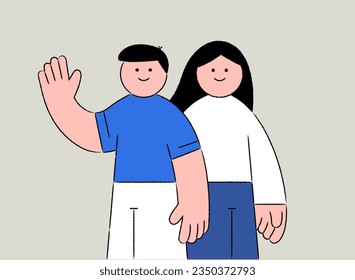 Ilustración vectorial de dos personas, un hombre y una mujer, sonriendo y saludando. Estilo mínimo de tono azul con contorno