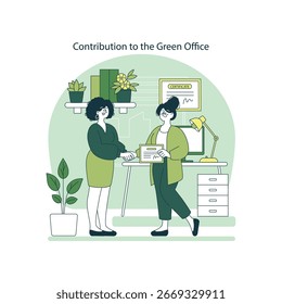 Vector illustration of two people in an office exchanging a certificate, highlighting green initiatives and employee recognition. The setting features plants and a certificate on the wall.