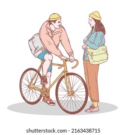 Vector illustration of two people on a fixie bike. A man picks up his girlfriend on a fixie bike