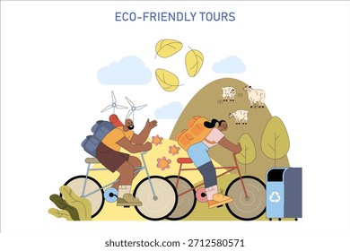 Ilustración vectorial de dos personas en bicicleta explorando la naturaleza. Admiran el paisaje, incluyendo turbinas eólicas y ovejas, promoviendo viajes ecológicos. Las hojas y un contenedor de reciclaje significan