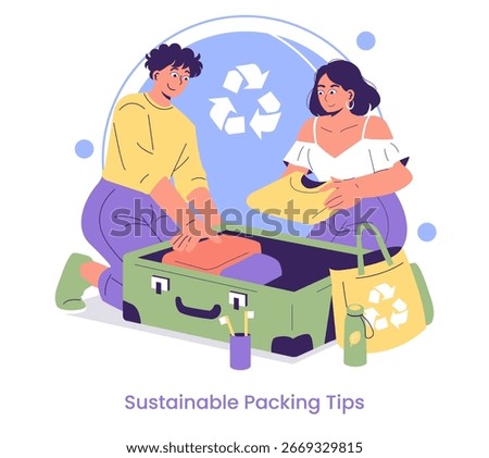 Vector illustration of two people packing clothes in a suitcase, emphasizing sustainability. Includes eco-friendly bags and bottles, conveying an eco-conscious approach to travel preparation.