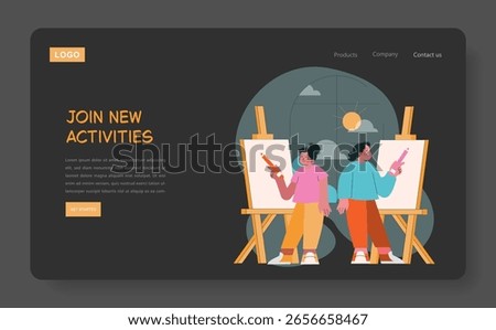 Vector illustration of two people painting on canvases outdoors, smiling with brushes in hand. The playful art scene captures creativity and teamwork in an inspirational setting.