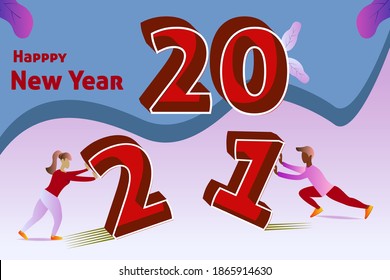 vector illustration. two people are pushing numbers 2 and 1. happy new year 2021. flat design style