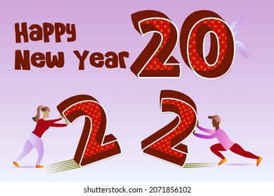 Vector Illustration. Two People Are Pushing Numbers 2 . Happy New Year 2022. Flat Design Style For Landing Page, UI Animation