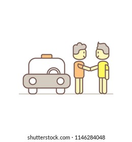 vector illustration. two people shake hands with each other next to the car. taxi driver and passenger