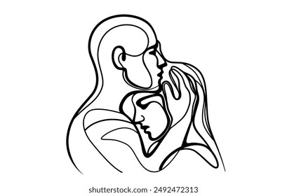 Vector illustration of two people silhouette. Man and woman. Hand drawn in a continuous line style. For themes of love, compassion, and connection, mental health 