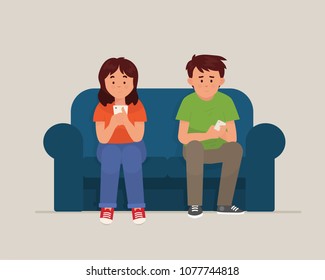 Vector Illustration Of Two People Sitting On A Couch And Busy With Their Phone