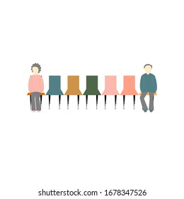 Vector Illustration Of Two People Sitting Distance Apart On Row Of Chairs Concept Of Social Distancing To Prevent Or Protect Themselves From Contracting Coronavirus Covid-19 During Virus Outbreak