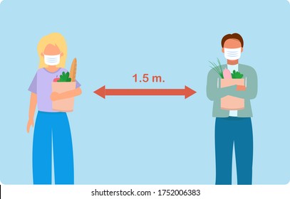 Vector illustration of two people in supermarket, buying food and keeping distance