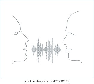 Vector illustration of two people talk face to face. Communication through dialog, Two persons share words in sound wave equalizer on white background.