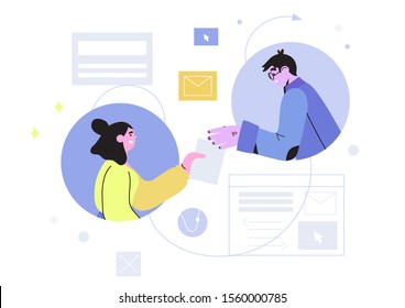 Vector illustration of two people talking and holding documents. Online support or support service concept. Team mates exchange data, information, discuss project. Workflow or team work illsutration.