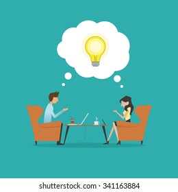vector illustration of  two people thinking, get an ideas ,at the coffee shop,bulb,meeting,couple.