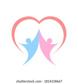 Vector illustration  of two people together  and symbol of heart on white background. can be used as logo  design