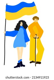 Vector illustration with two people in Ukrainian national colours and with Ukrainian flag 