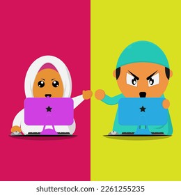 vector illustration of two people using a computer.