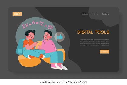 Ilustração vetorial de duas pessoas usando ferramentas digitais em um smartphone enquanto resolvem problemas matemáticos juntos, capturando o aprendizado colaborativo de maneira animada e envolvente.