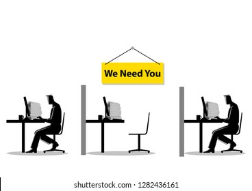Vector illustration of two people working on the computers with one empty desk. Job vacancy, new recruitment, trainee, occupation, job search theme