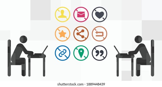 vector illustration of two people working and restricted social media icons
