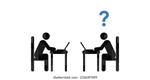 vector illustration of two people working with laptops and question marks for problems errors misunderstanding