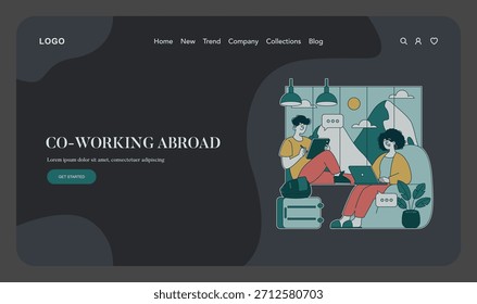 Ilustración vectorial de dos personas que trabajan en ordenadores portátiles en un espacio de trabajo compartido en el extranjero. Parecen comprometidos y productivos, fomentando una atmósfera de colaboración en un entorno moderno.