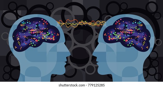 vector illustration of two peoples brain with supernatural mental connection for telepathy and hypnosis concepts 