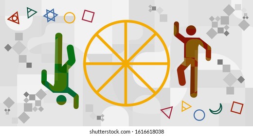 vector illustration of two person rotating with a wheel and chakra esoteric symbols