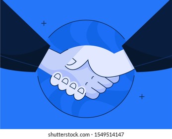 Vector illustration of two person shaking hands in agreement. Business ethic handshake. Idea of people cooperation, partnership and teamwork.