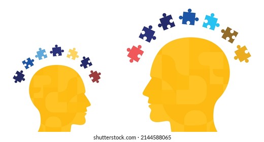 vector illustration of two personalities and jigsaw puzzle for thinking process and communication