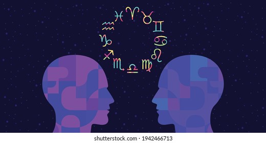 vector illustration of two personalities and zodiac signs for relationship astrology forecasts