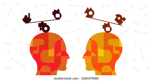 vector illustration two persons with balanced structures on their heads for sustainable relationship and communication visual