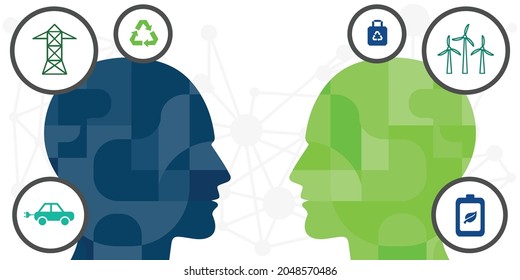 vector illustration of two persons talking and ecological symbols for discussions about environment