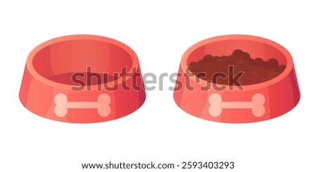 Vector illustration of two pet food bowls in cartoon style. One bowl is empty, while the other is filled with wet pet food. Suitable for pet care, feeding time, and animal-related designs. Isolated on